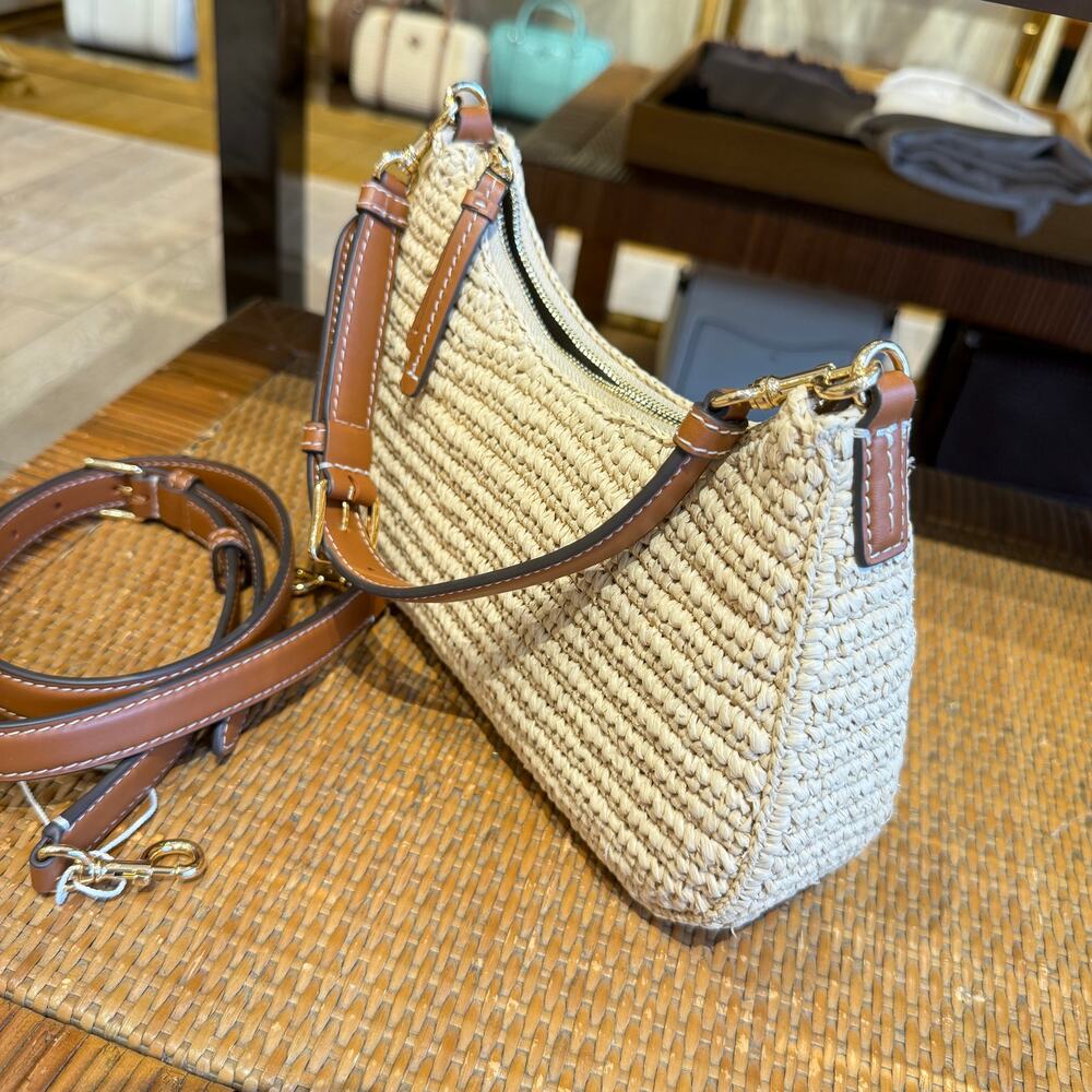 Tory Burch Cream Woven Straw Hobo with Brown Leather Trim - Picture 4 of 11